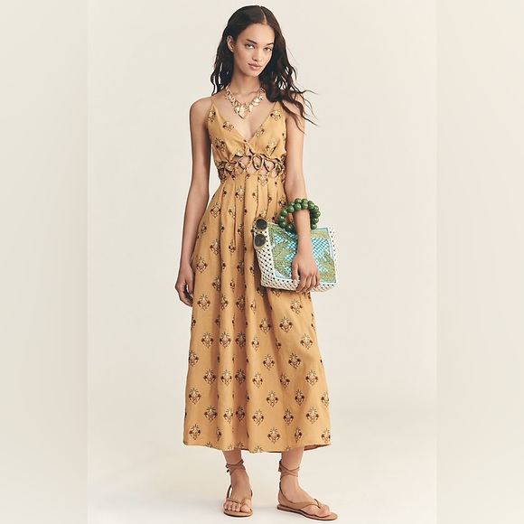 FARM Rio Dresses & Skirts - Farm Rio Sand Linen Blend V-Neck Cutout A-Line Midi Dress L NWT Anthropologie